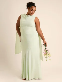 Six Stories Green High Cowl Neck Drape Crepe Bridesmaid Dress