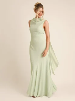 Six Stories Green High Cowl Neck Drape Crepe Bridesmaid Dress