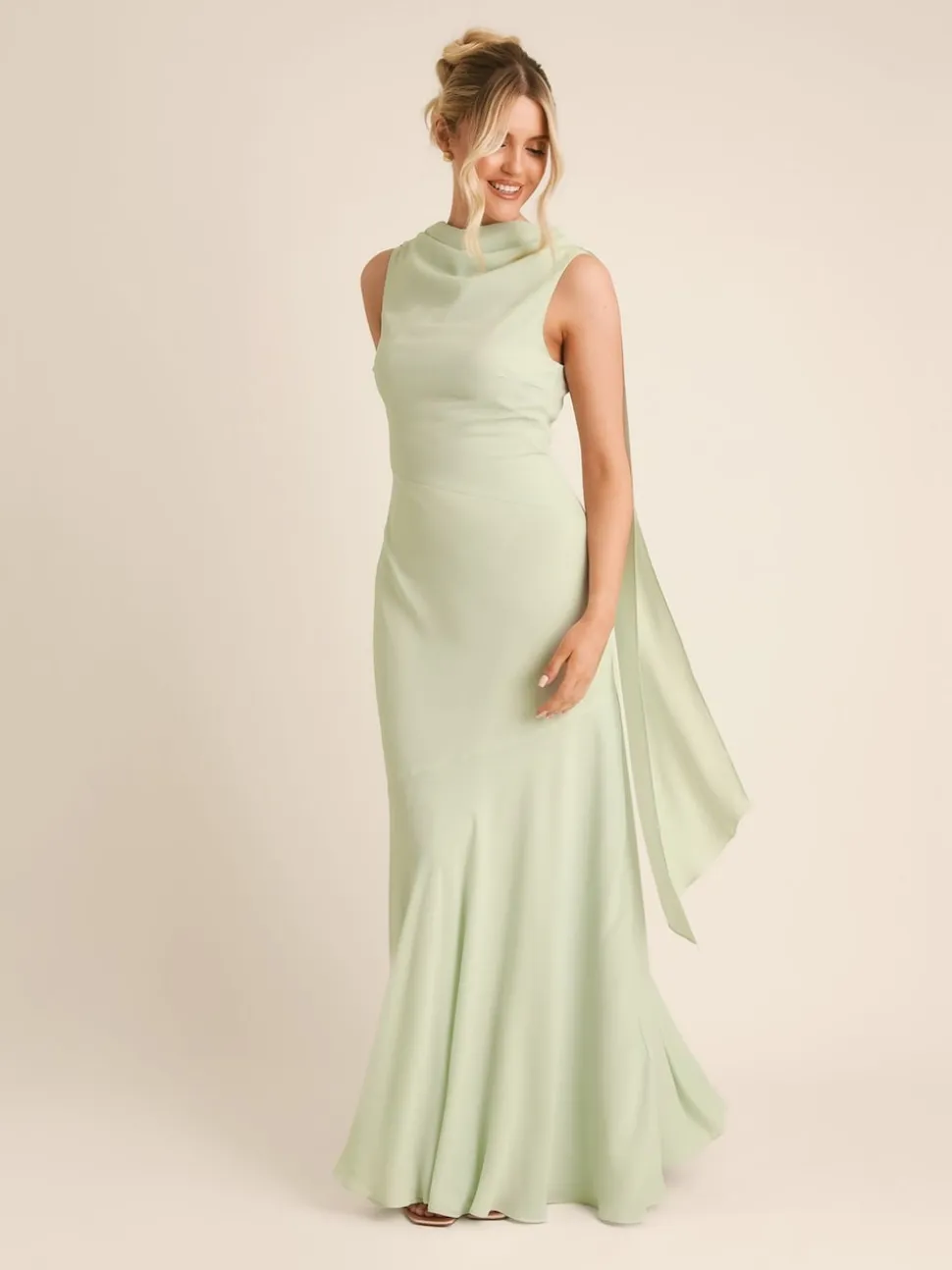 Six Stories Green High Cowl Neck Drape Crepe Bridesmaid Dress