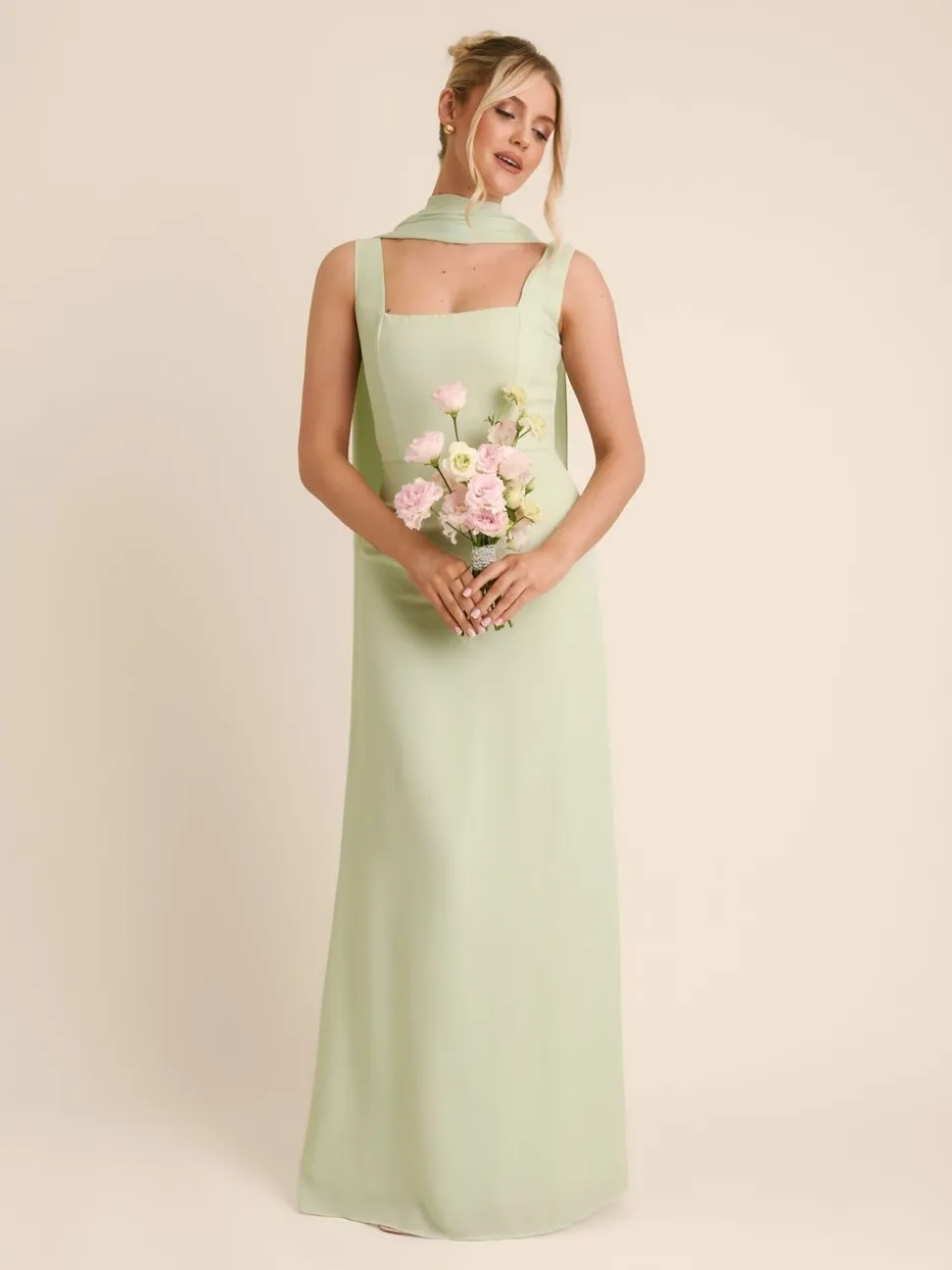 Six Stories Green Square Neck Crepe Bridesmaid Dress with Neck Scarf