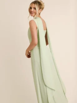 Six Stories Green Square Neck Crepe Bridesmaid Dress with Neck Scarf