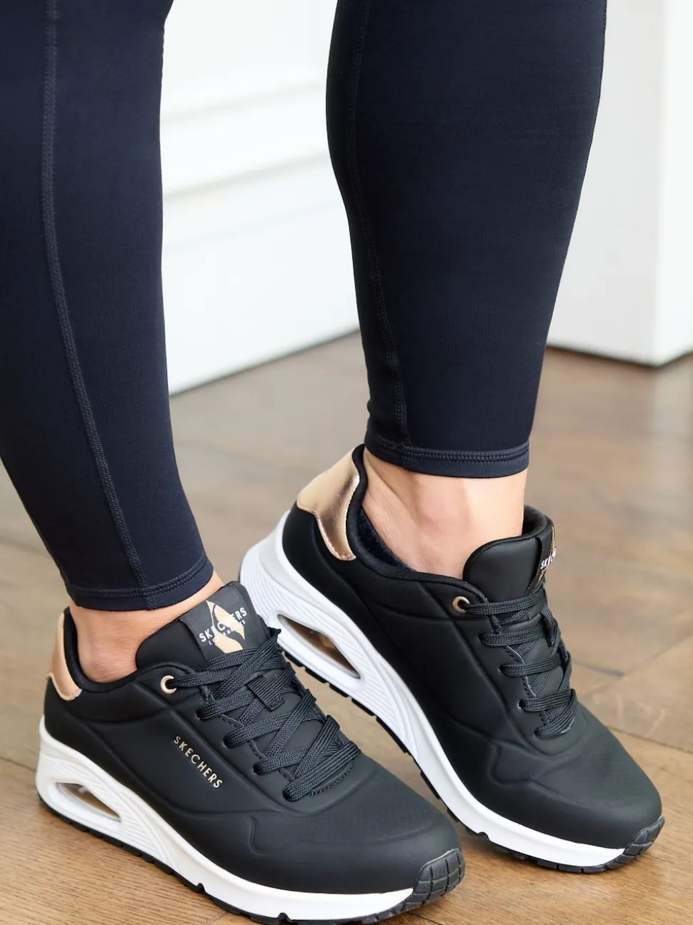 Skechers Black Dark Golden Womens Standard Fit Uno Trainers