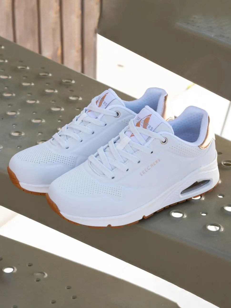 Skechers Cotton White Golden Womens Standard Fit Uno Trainers