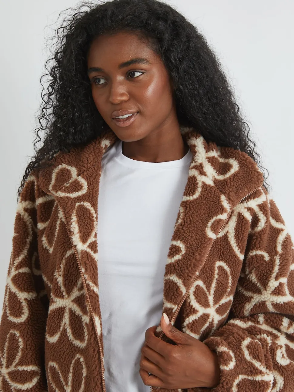 Skinnydip Brown Doodle Flower Borg Jacket in Brown