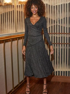 Sosandar Black Glitter Ruched Button Detail Fit & Flare Dress