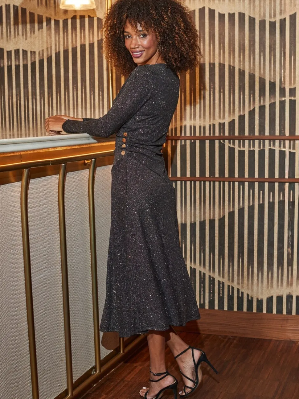 Sosandar Black Glitter Ruched Button Detail Fit & Flare Dress