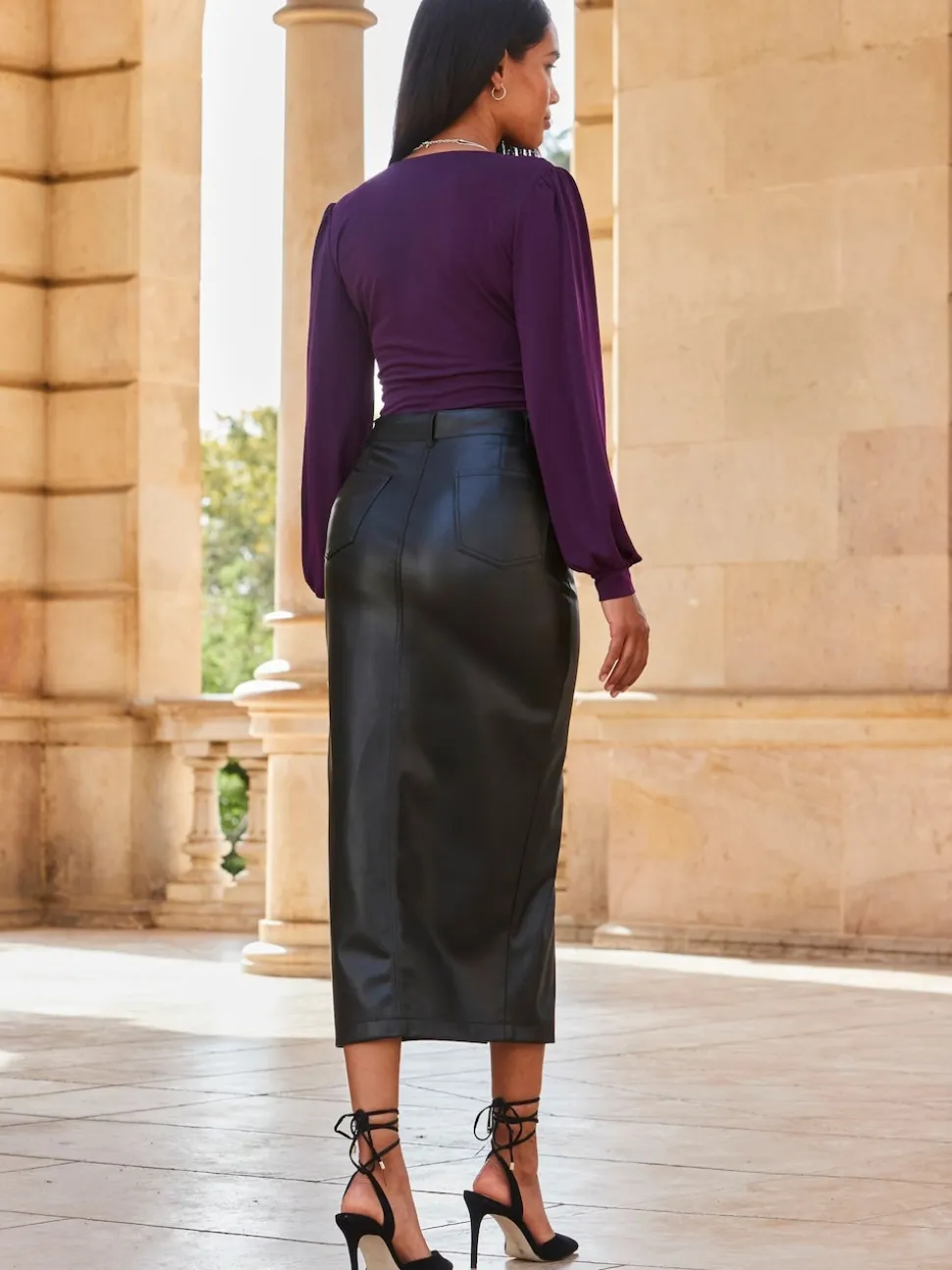 Sosandar Black Leather Long Line Pencil Skirt With Split