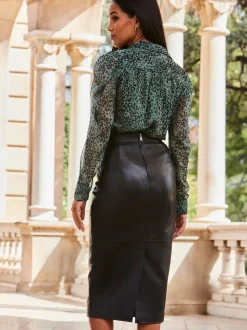 Sosandar Black Leather Panelled Pencil Midi Skirt