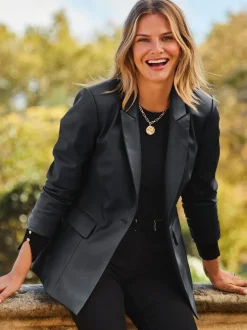 Sosandar Black Premium Faux Leather Blazer