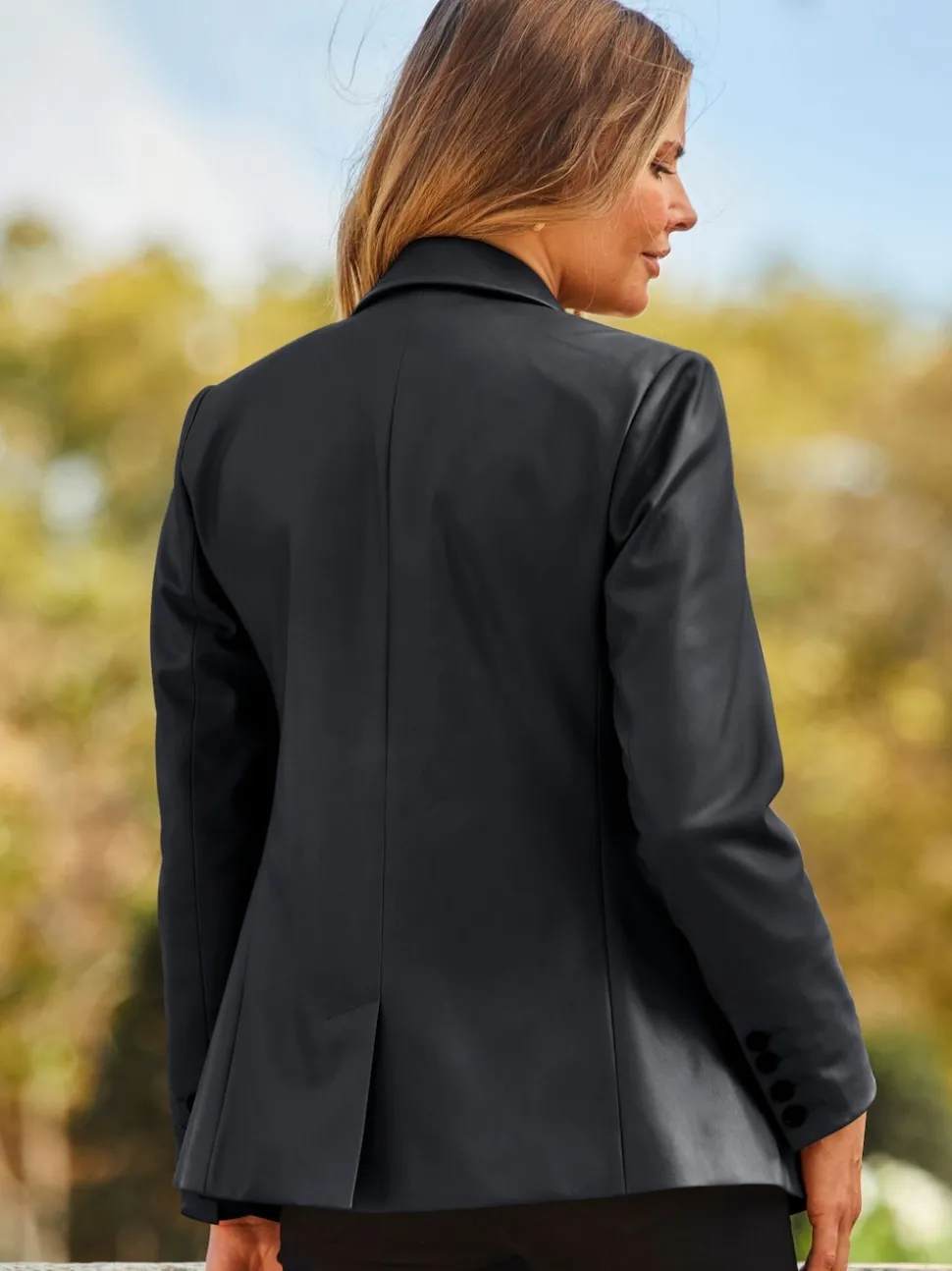 Sosandar Black Premium Faux Leather Blazer