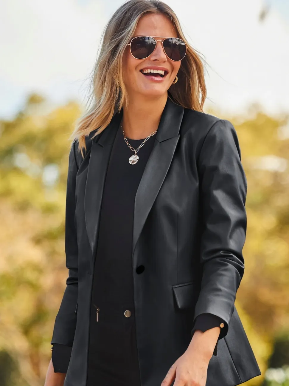 Sosandar Black Premium Faux Leather Blazer
