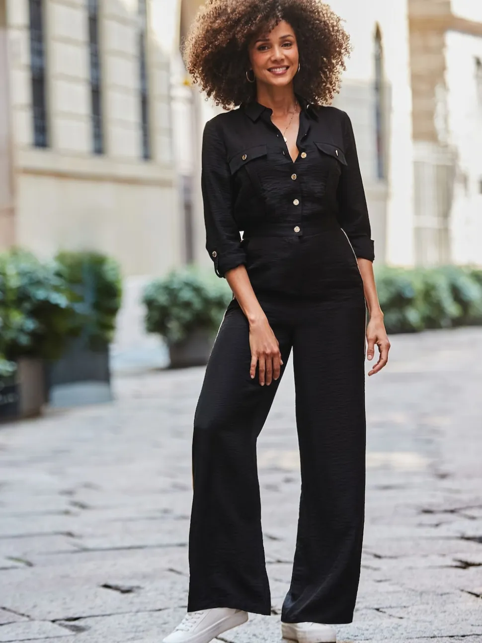 Sosandar Black Side Stripe Button Front Jumpsuit