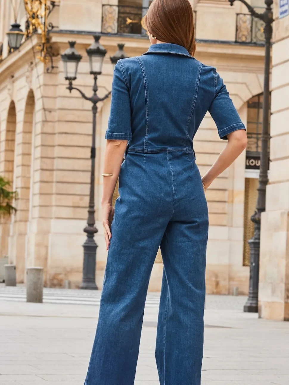 Sosandar Blue Chrome Zip Front Wide Leg Denim Jumpsuit
