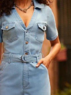 Sosandar Blue D Ring Belt Culotte Denim Jumpsuit