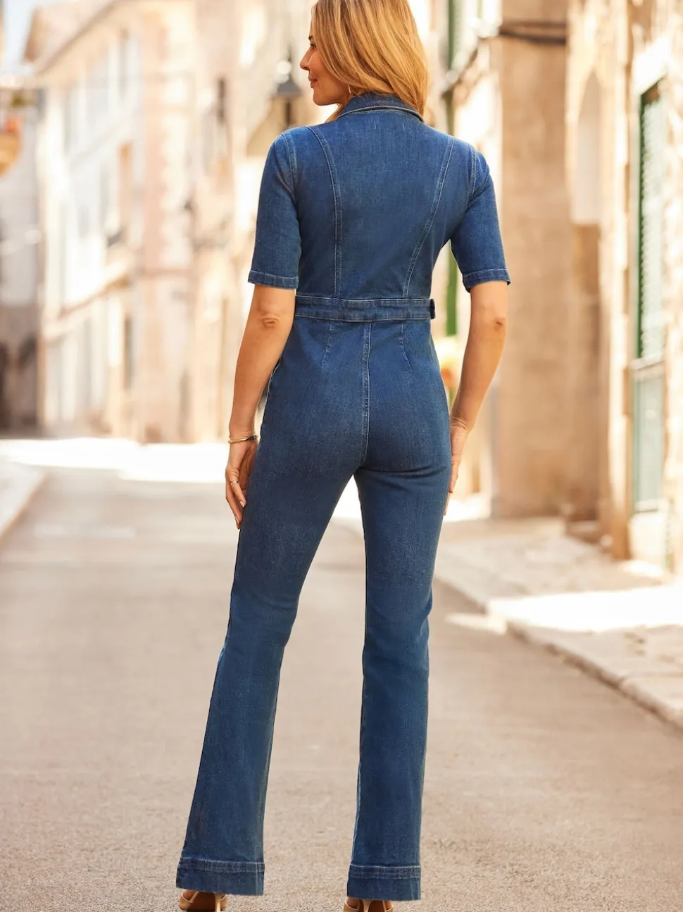 Sosandar Blue Denim Kick Flare Jumpsuit