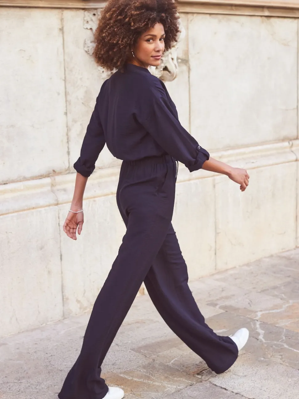 Sosandar Blue Drawstring Waist Jumpsuit