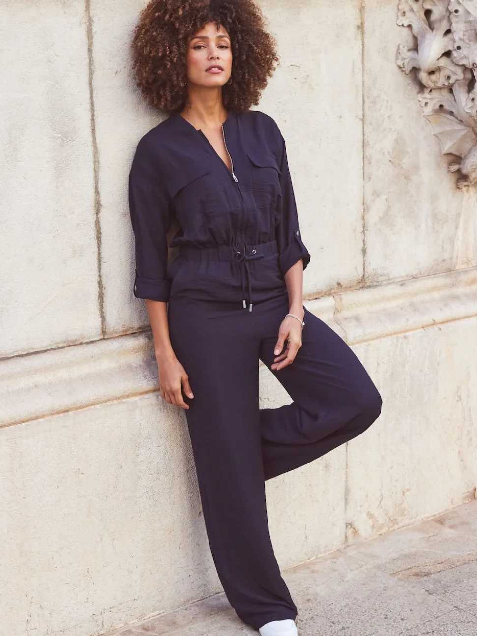 Sosandar Blue Drawstring Waist Jumpsuit