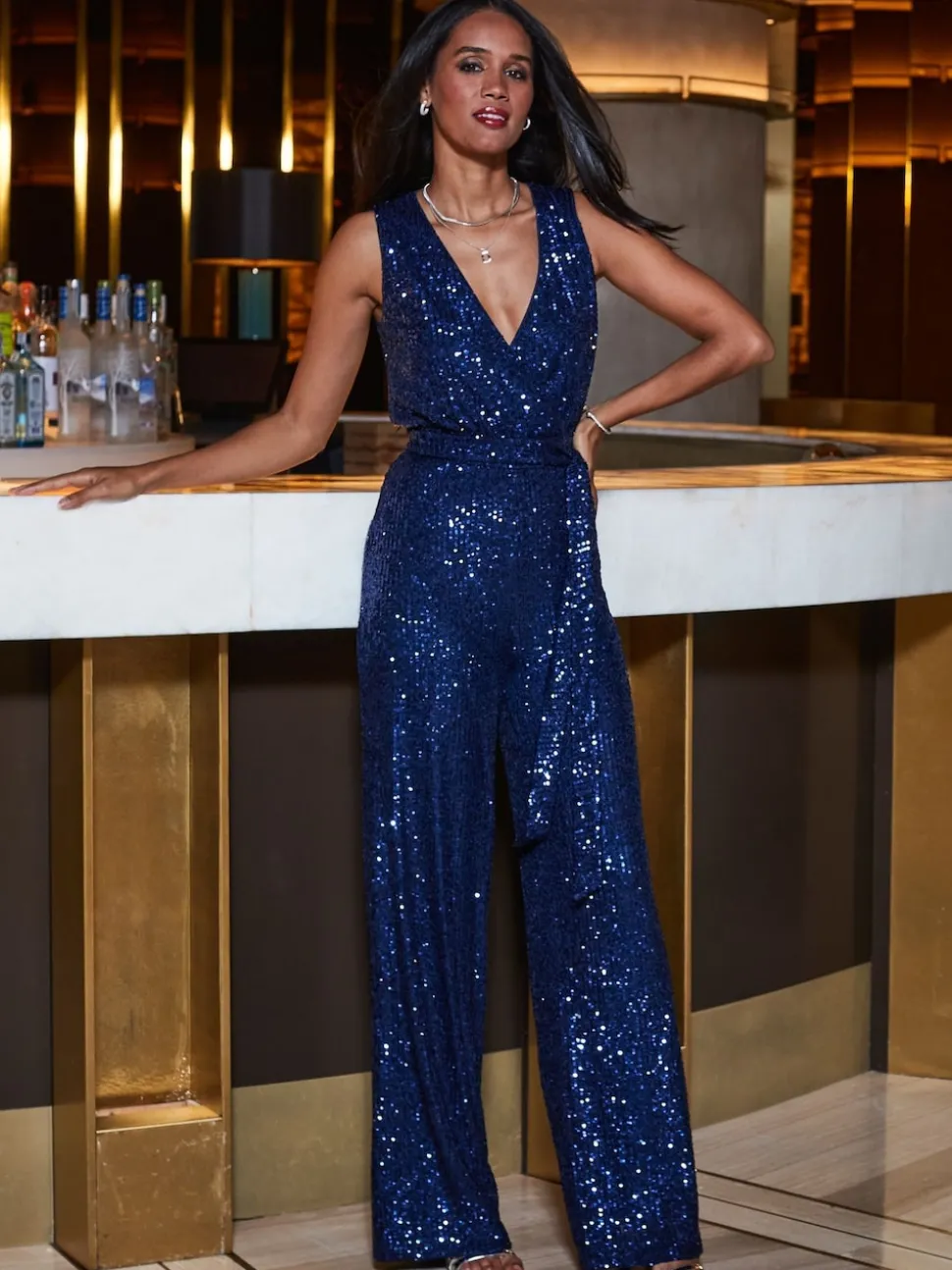 Sosandar Blue Sequin Wrap Front Jumpsuit