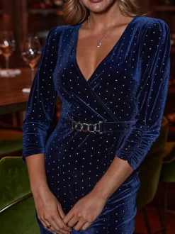 Sosandar Blue Velvet Sparkle Wrap Front Dress