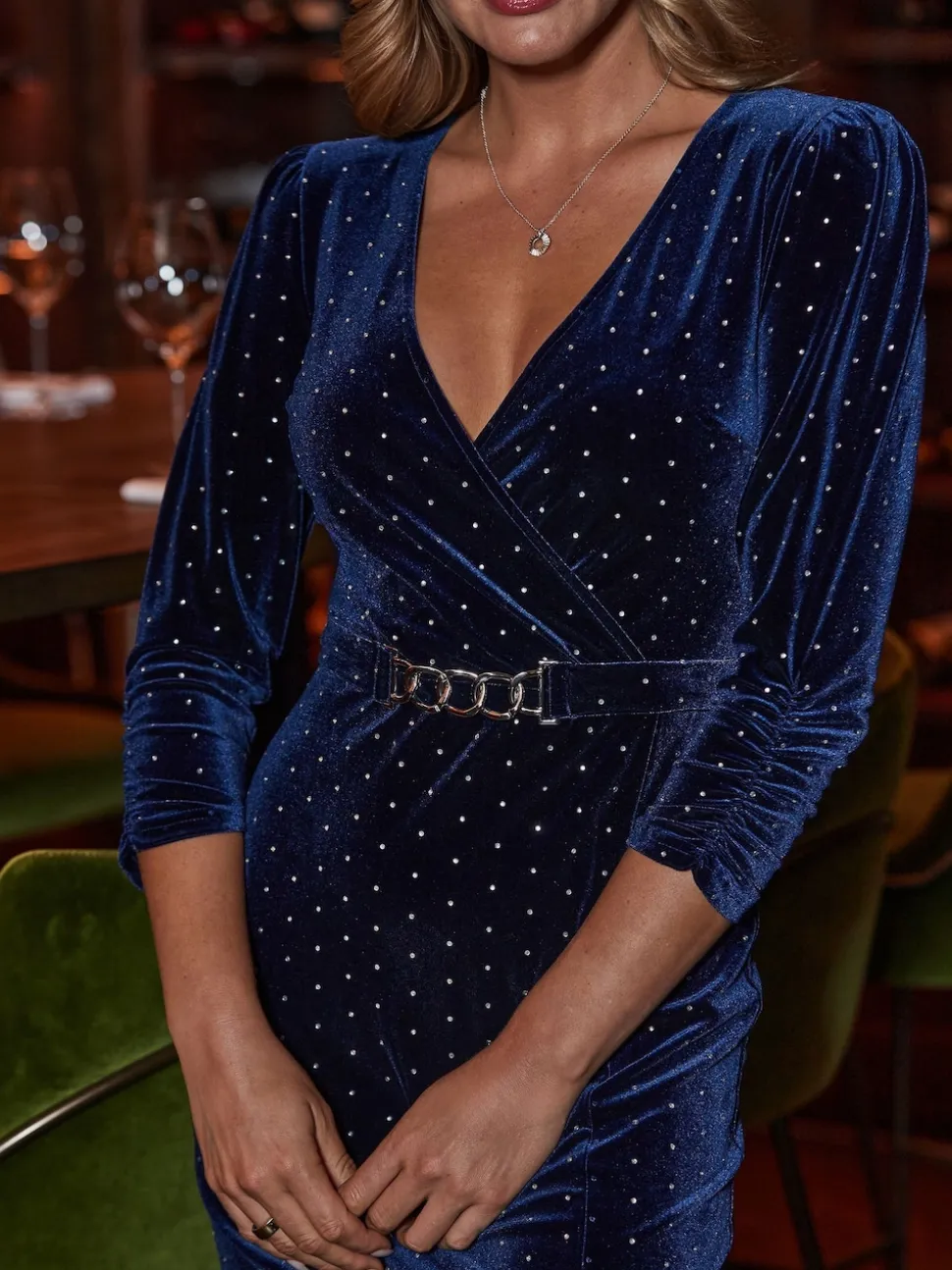 Sosandar Blue Velvet Sparkle Wrap Front Dress
