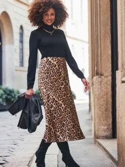 Sosandar Brown Leopard Print Satin Slip Skirt