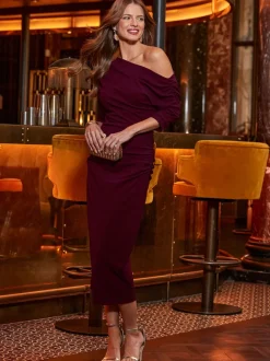 Sosandar Burgundy Asymmetric Ruched Midi Dress