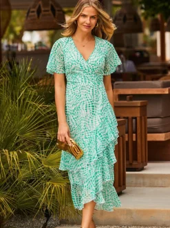Sosandar Green Petite Abstract Print Layered Hem Angel Sleeve Maxi Dress