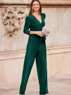 Sosandar Green Plisse Wrap Front Jumpsuit