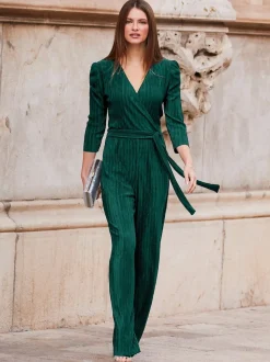 Sosandar Green Plisse Wrap Front Jumpsuit