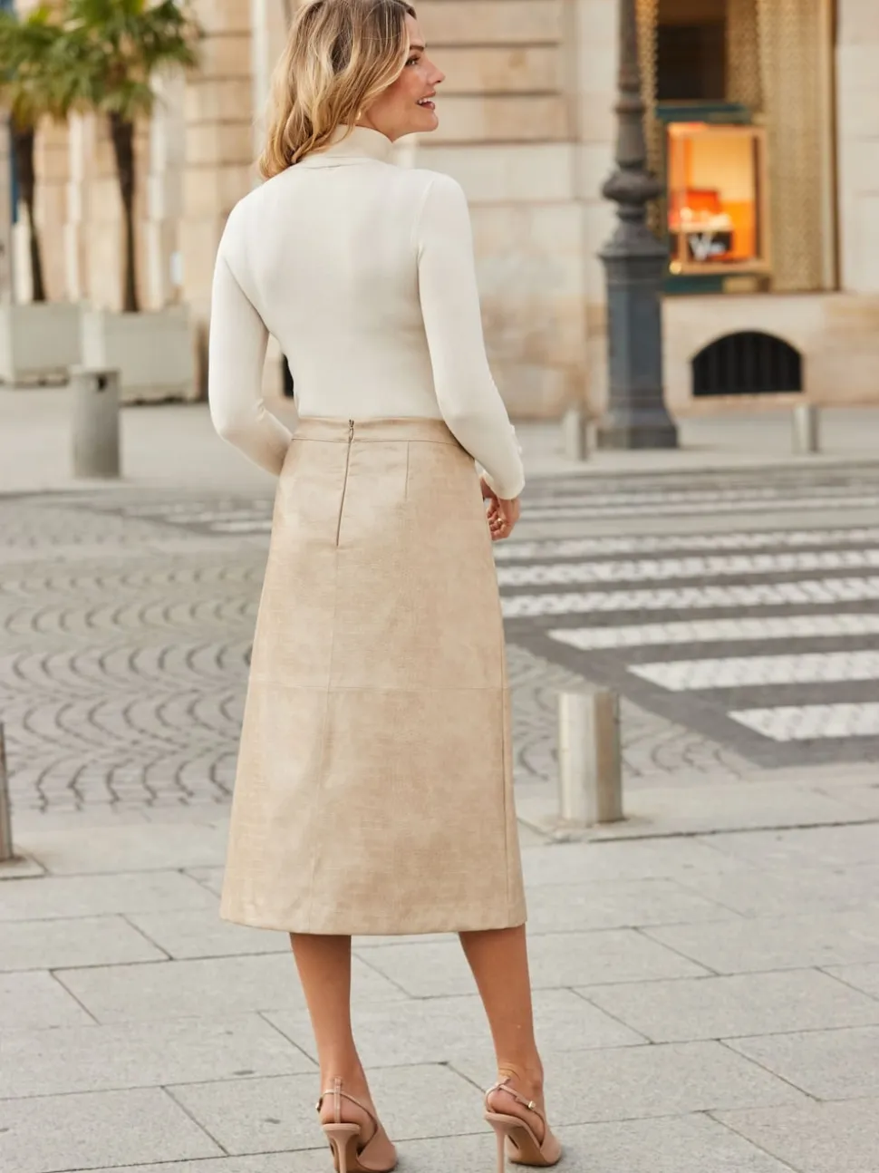 Sosandar Natural Croc Print Faux Leather A-Line Skirt