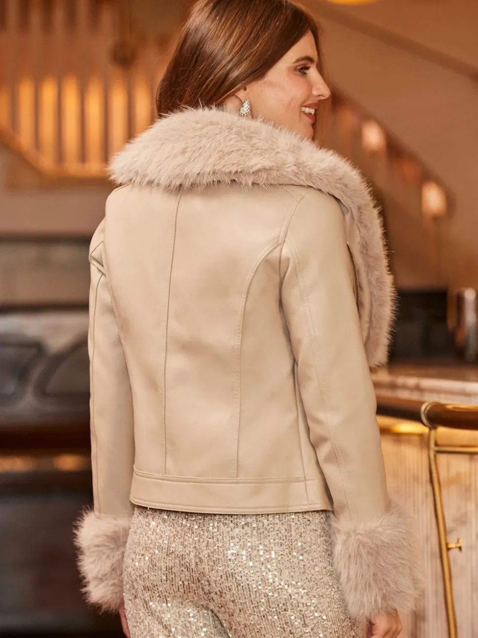 Sosandar Natural Faux Leather Biker Jacket With Faux Fur Trim