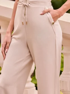 Sosandar Natural Zip Front Drawstring Waist Wide Leg Jumpsuit