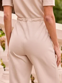 Sosandar Natural Zip Front Drawstring Waist Wide Leg Jumpsuit