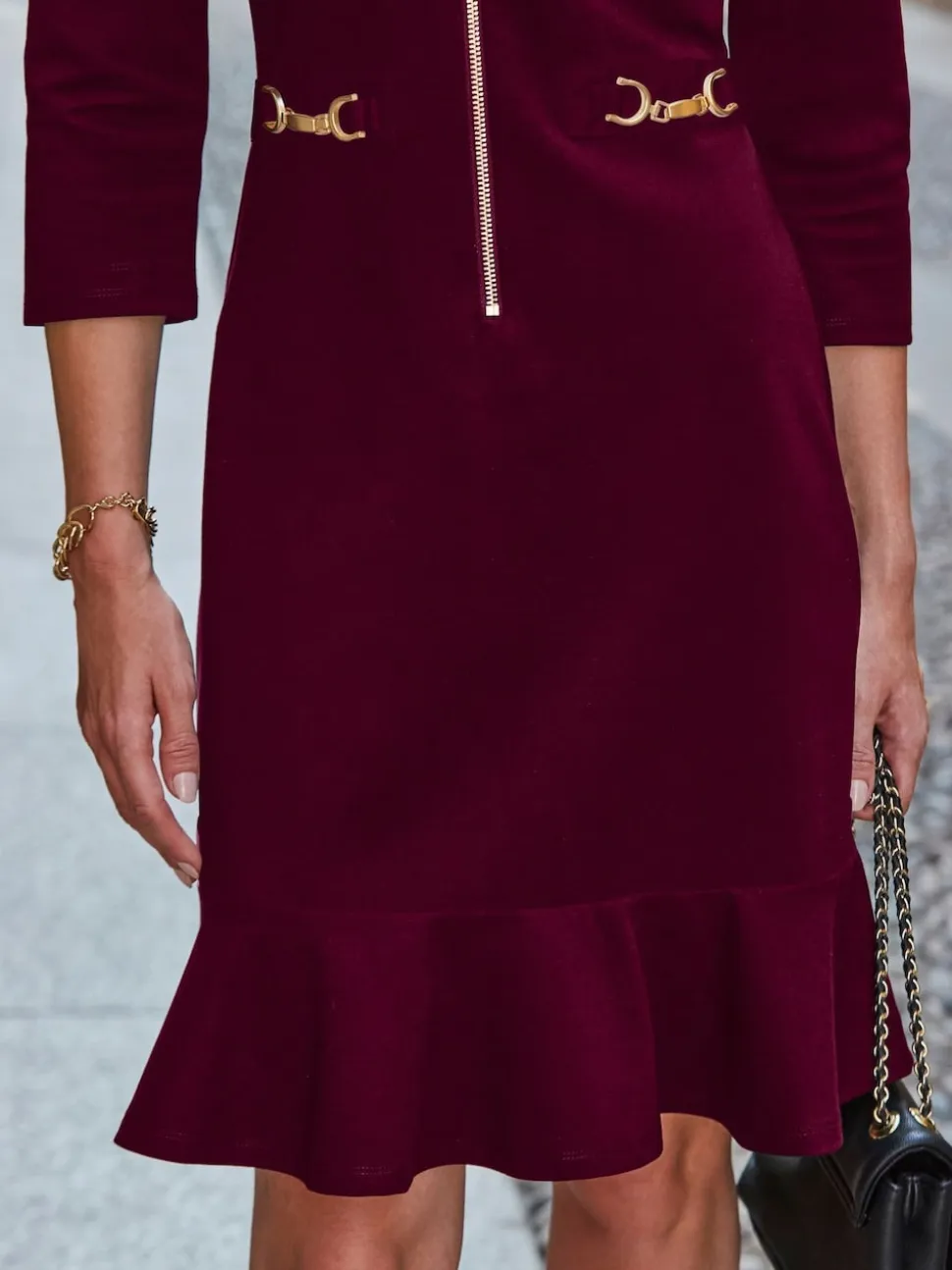 Sosandar Red Contrast Trim Gold Detail Ponte Shift Dress