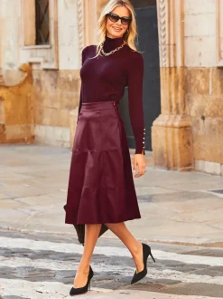 Sosandar Red Leather Look Panelled A-Line Midi Skirt