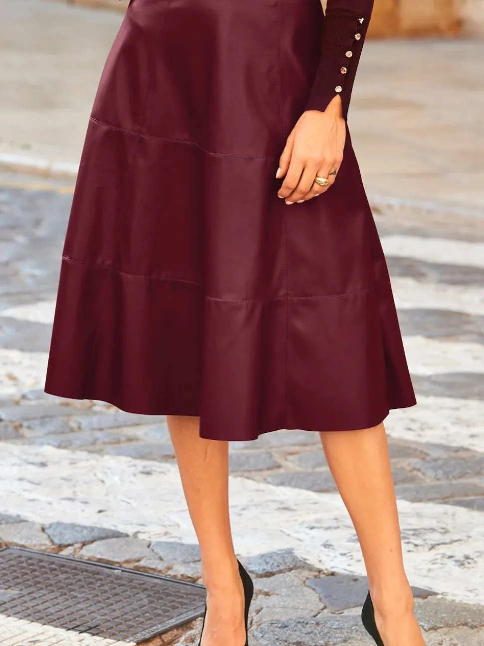 Sosandar Red Leather Look Panelled A-Line Midi Skirt