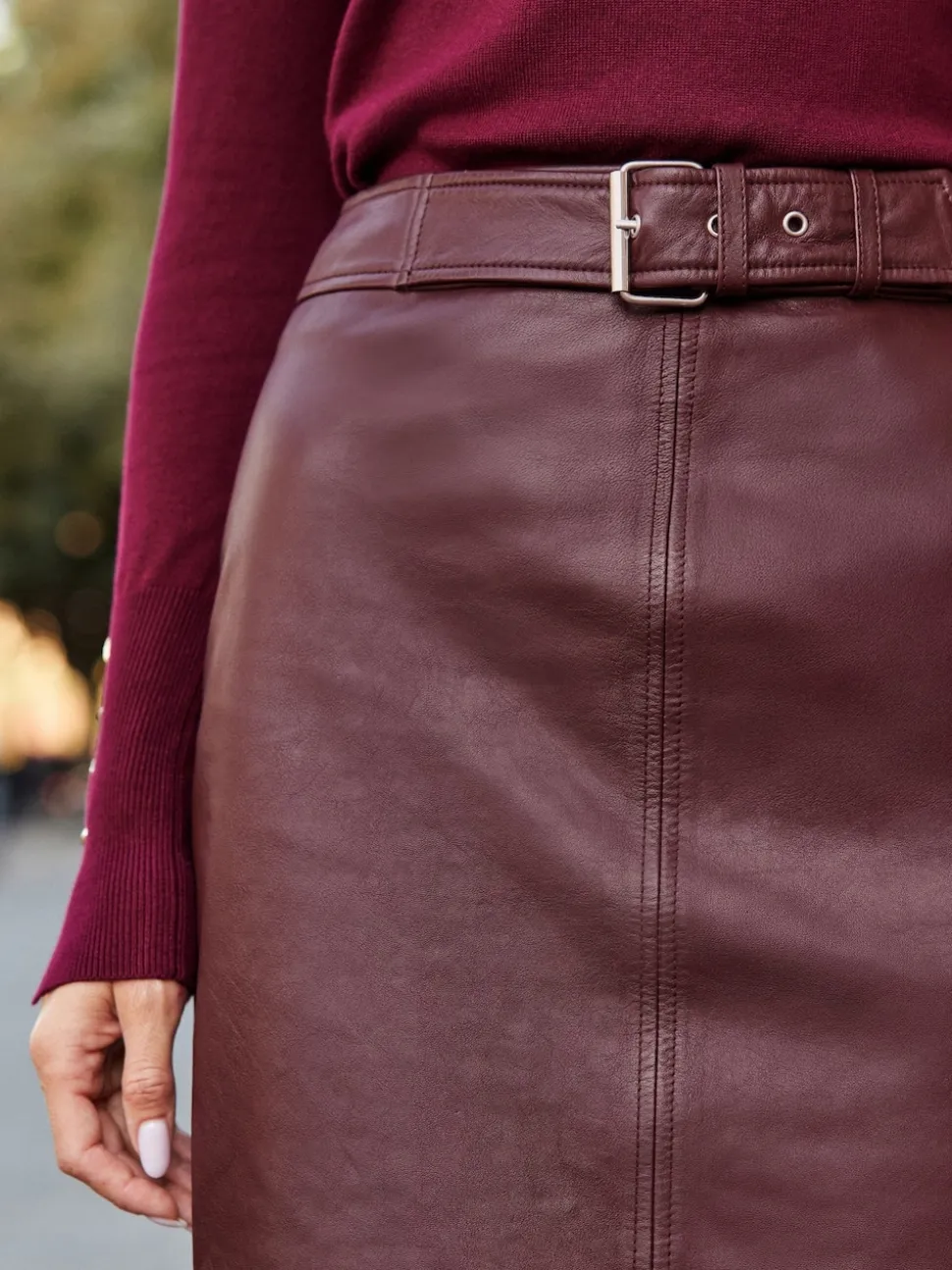 Sosandar Red Leather Panelled Pencil Midi Skirt