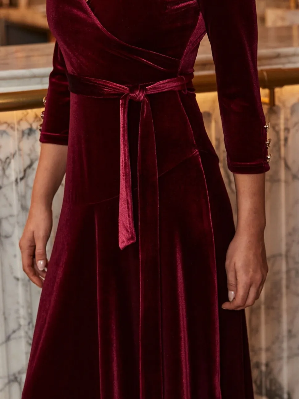 Sosandar Red Velvet Belted Fit & Flare Wrap Dress