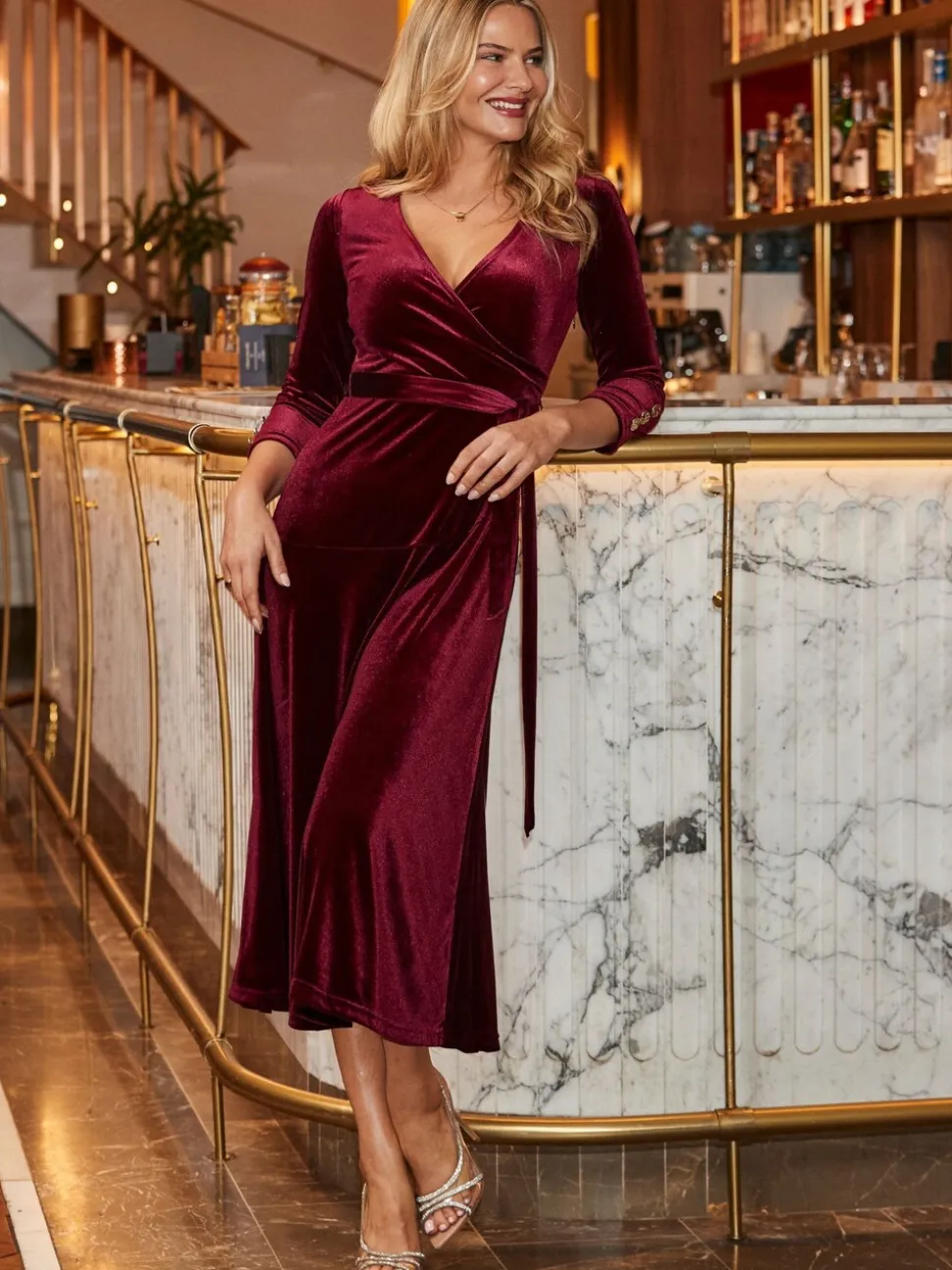 Sosandar Red Velvet Belted Fit & Flare Wrap Dress