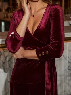 Sosandar Red Velvet Belted Fit & Flare Wrap Dress