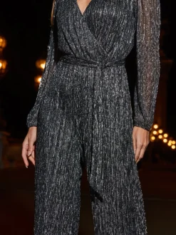 Sosandar Silver Sparkle Plisse Wrap Front Wide Leg Jumpsuit