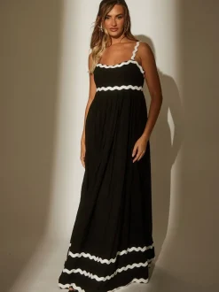 South Beach Black Monochrome Cotton Ric Rac Detail Maxi Dress