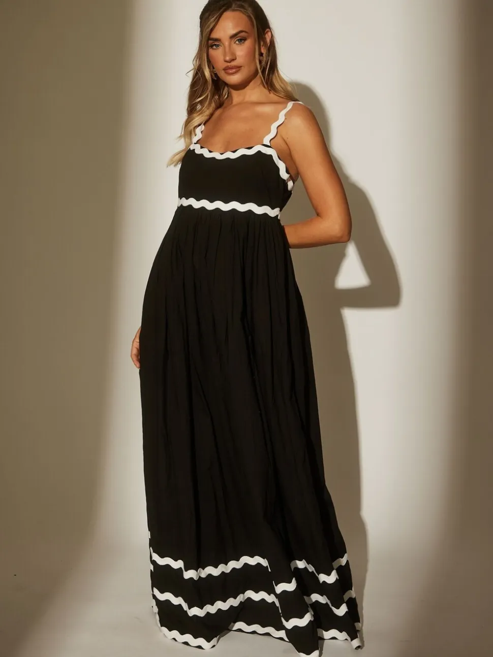 South Beach Black Monochrome Cotton Ric Rac Detail Maxi Dress