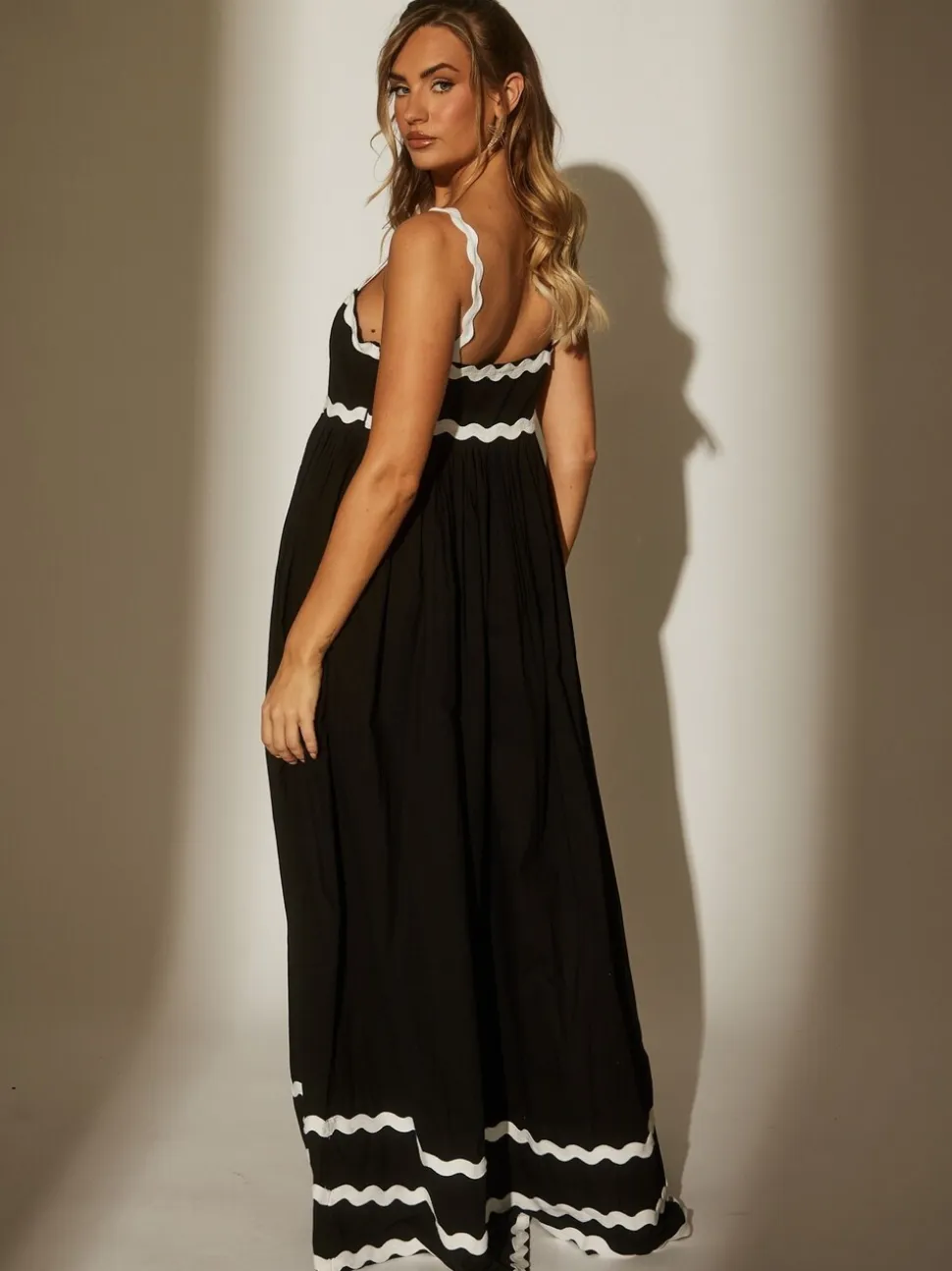 South Beach Black Monochrome Cotton Ric Rac Detail Maxi Dress