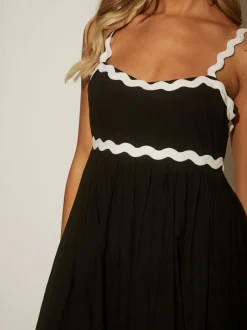 South Beach Black Monochrome Cotton Ric Rac Detail Maxi Dress