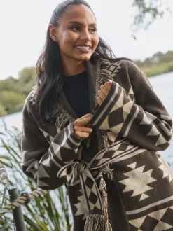 South Beach Brown Jacquard Wasit Tie Knitted Fringe Cardigan