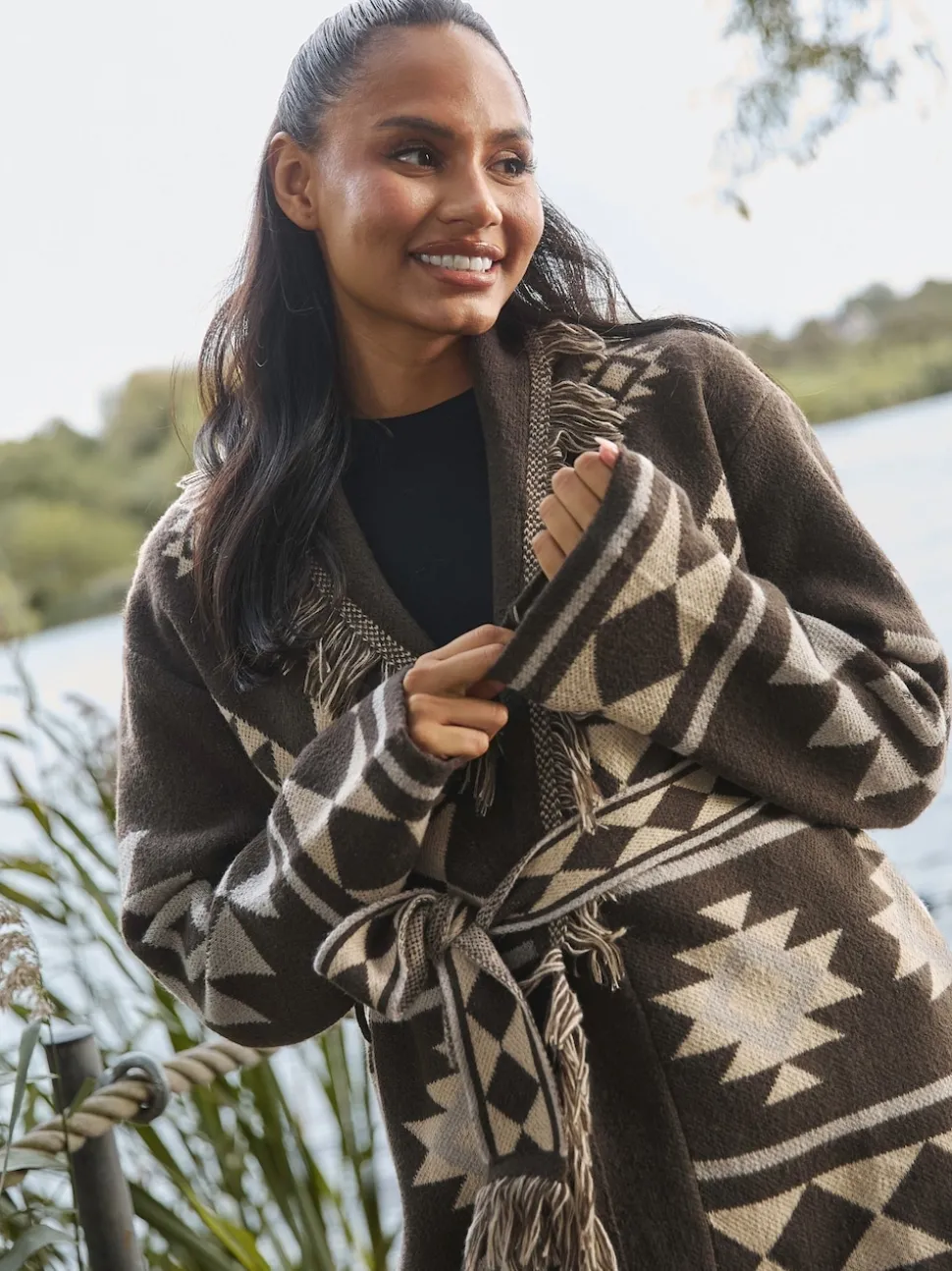 South Beach Brown Jacquard Wasit Tie Knitted Fringe Cardigan