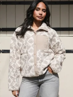 South Beach Cream Print Oversized Borg Zip Jacket With Pocket
