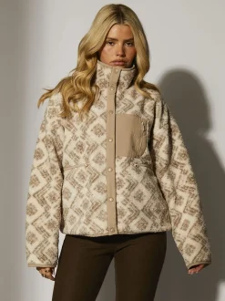 South Beach Cream Print Oversized Borg Zip Jacket With Pocket