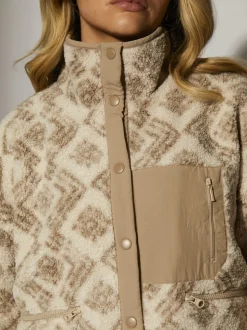 South Beach Cream Print Oversized Borg Zip Jacket With Pocket
